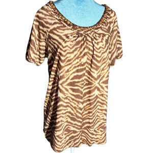 Emma Jones brown and cream zebra print blouse with beaded collar